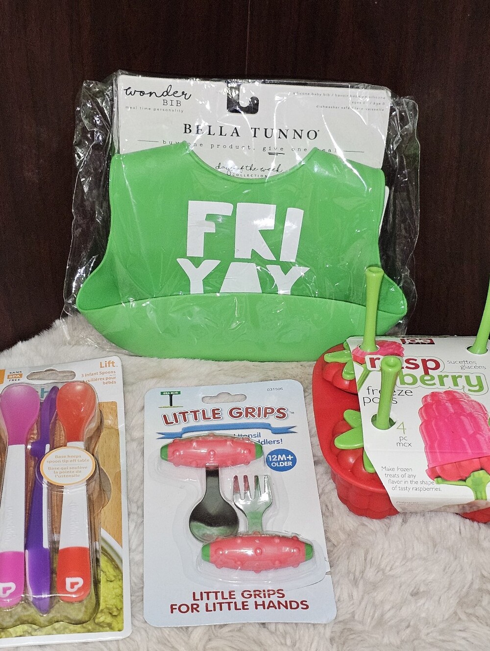 Bella Tunno Green 'Friyay' Silicone Bib, Freeze Pops, & Utensils Lot